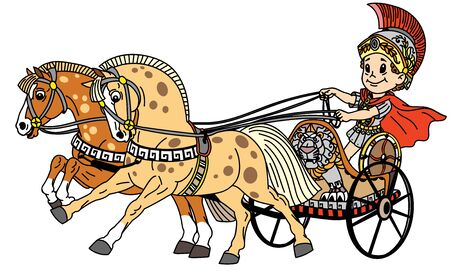 cartoon boy in a roman war chariot pulled by two horses. Vector illustration for little kidsのイラスト素材