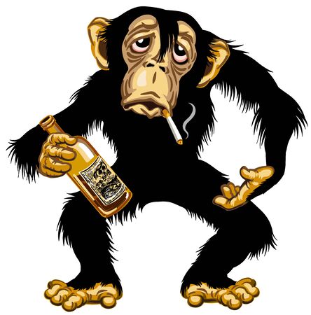 cartoon drunk chimpanzee great ape holding empty bottle of alcohol and smoking a cigarette. Chimp monkey alcoholic. Isolated vector illustrationのイラスト素材