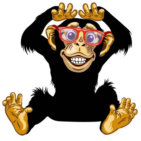 cartoon chimp ape or chimpanzee monkey with glasses smiling cheerful with a big smile on face showing teeth. Positive and happy emotion. Sitting pose. Front view. Isolated vector illustrationのイラスト素材