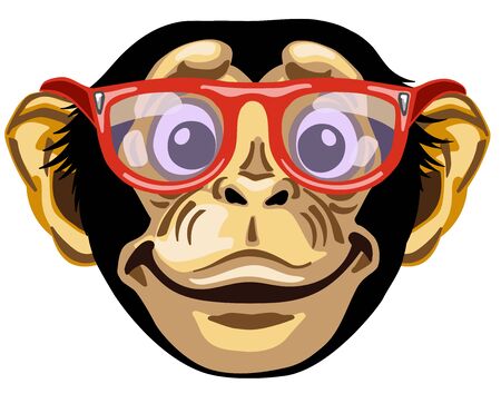 Head of cartoon chimp ape or chimpanzee monkey wearing glasses and smiling cheerful with a big...