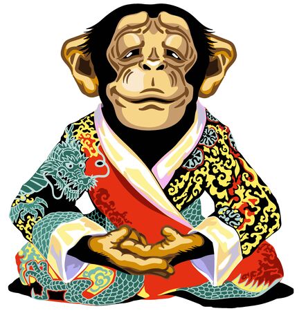 cartoon chimp great ape or chimpanzee monkey wearing red kimono robe and sitting in lotus yoga pose. Meditating calm and peaceful emotion. Front view. Isolated vector illustrationのイラスト素材