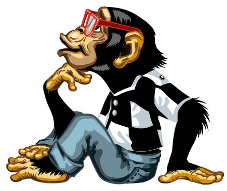 Cartoon intelligent Chimpanzee wearing a red glasses Smart great ape or chimp monkey sitting in thinker pose and looking up. His one hand on chin. Romantic emotion. Isolated side view vector illustrationのイラスト素材