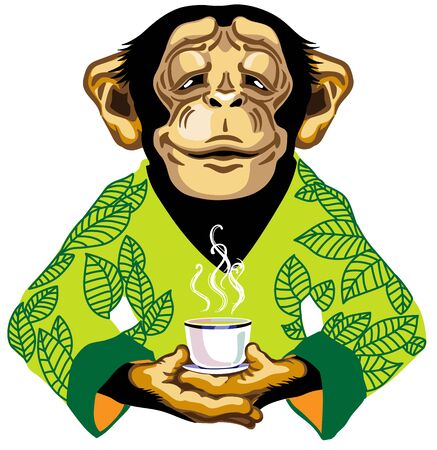 cartoon chimpanzee great ape or chimp monkey wearing kimono robe with green tea leaves and holding a cup of tea. Spiritual harmony and peaceful emotion. Front view. Isolated vector illustrationのイラスト素材