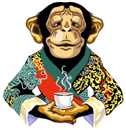cartoon chimp great ape or chimpanzee monkey wearing red kimono robe and  holding mug of tea. Calm concentration and peaceful emotion. Front view. Isolated vector illustrationのイラスト素材