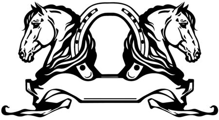 two heads of horses in profile. Banner, emblem with horseshoe and ribbon scroll. Black and white side view vectorのイラスト素材