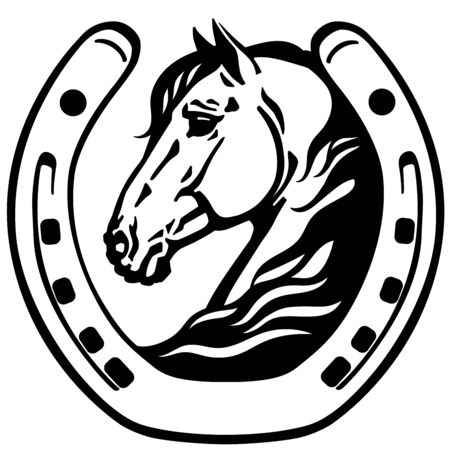horse head in the horseshoe. Icon, emblem. Black and white vectorのイラスト素材