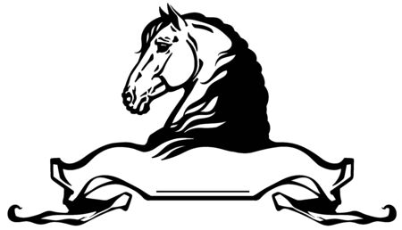 heads of horses in profile. Banner, emblem with ribbon scroll. Side view black and white side view vectorのイラスト素材