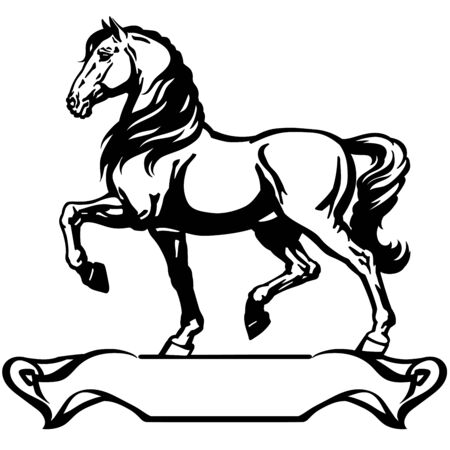 Draft horse in profile. Banner, emblem and ribbon scroll. Black and white side view vectorのイラスト素材