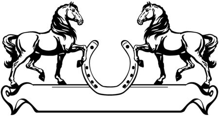 two horses in profile. Banner, emblem with horseshoe and ribbon scroll. Black and white side view vectorのイラスト素材