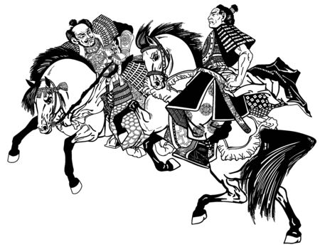 two Japanese Samurai horsemen sitting on horseback and wearing medieval armor. East Asia warriors riding pony horses in the gallop. Black and white graphic style vector illustrationのイラスト素材