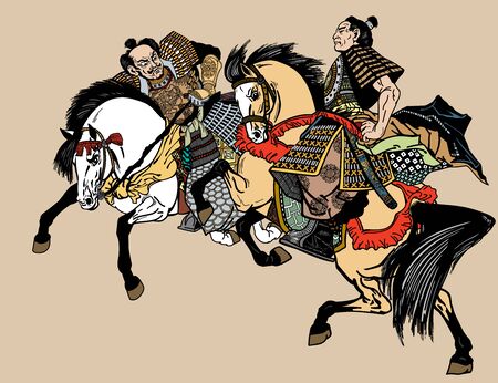two Japanese Samurai horsemen sitting on horseback and wearing medieval leather armor. East Asia warriors riding pony horses in the gallop. Graphic style vector illustrationのイラスト素材