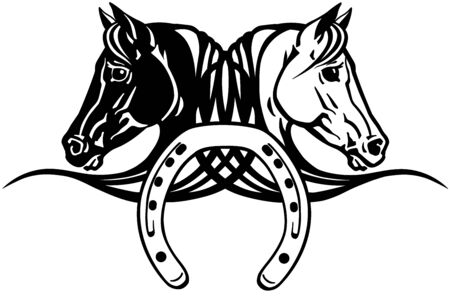 decorative heads of black and white horses in profile with horseshoe. Icon, emblem, tattoo style vector illustrationのイラスト素材