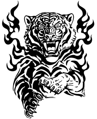 Roaring tiger in tongues of flame. Angry wild big cat. Front view. Black and white tattoo style vector illustrationのイラスト素材