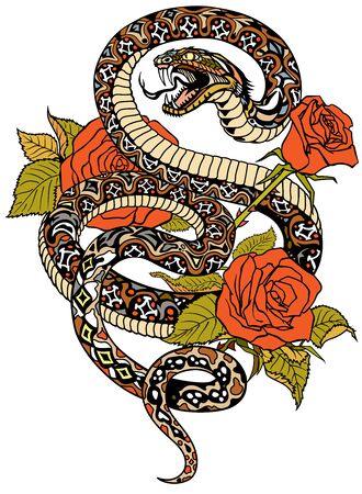 snake coiled round the roses. Angry dangerous serpent and flowers. Tattoo style or t-shirt design vector illustrationのイラスト素材