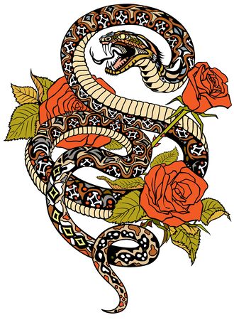 snake coiled round the roses. Angry dangerous serpent and flowers. Tattoo style or t-shirt design vector illustrationの素材 [FY310133066779]