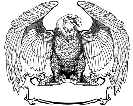 Eagle with open wings sitting on the blank ribbon. Front view. Black and white isolated vector illustrationのイラスト素材