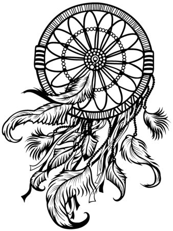 Dreamcatcher, traditional native american indian symbol. Black and white vector illustrationのイラスト素材
