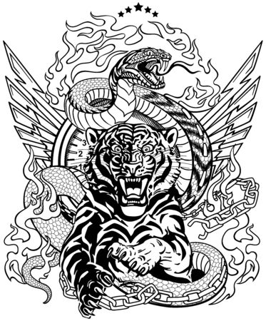 roaring tiger in the jump and snake like road. Design template include broken chain, tongues of flame and wings. Black and white  Biker Tattoo. Vector illustrationのイラスト素材