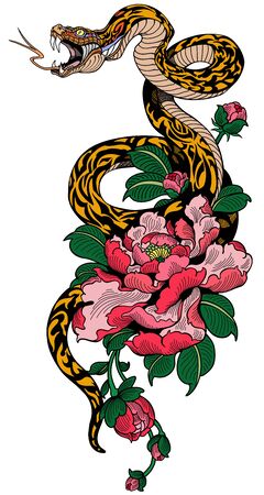 snake coiled around peony flower. Tattoo. Graphic style vector illustrationのイラスト素材