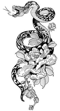 snake coiled around peony flower. Black and white Tattoo. Graphic style vector illustrationのイラスト素材
