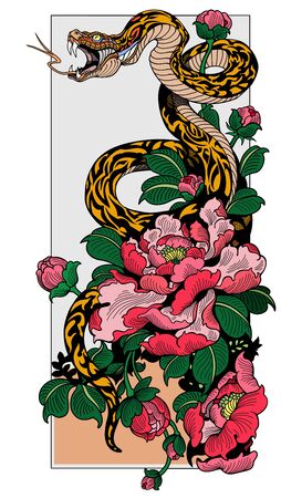 snake coiled around peony flower. Graphic style vector illustrationのイラスト素材