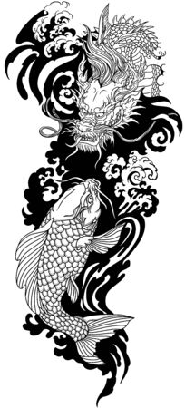 Chinese or East Asian dragon with water waves and Japanese koi carp fish swimming up. Tattoo. Vector illustrationのイラスト素材