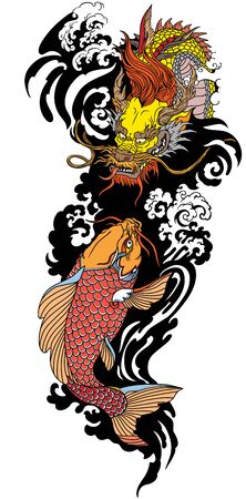 Golden East Asian dragon with water waves and Japanese koi carp fish swimming up. Tattoo. Vector illustrationのイラスト素材