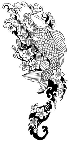 koi carp swimming upstream and sakura blooming. Japanese gold fish with water waves and cherry tree flowers blossom. Tattoo . Black and white vector illustrationのイラスト素材