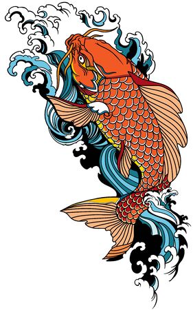 koi carp swimming upstream. Japanese gold fish with water waves. Tattoo . Vector illustrationのイラスト素材
