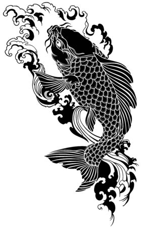 koi carp swimming upstream. Japanese gold fish with water waves. Tattoo . Black and white vector illustrationのイラスト素材