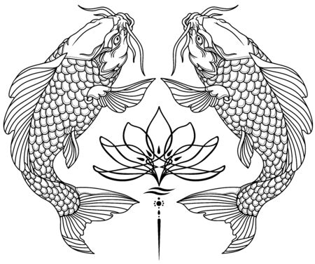 two koi carp fishes and water lily flower. Tattoo. Black and white vector illustrationのイラスト素材