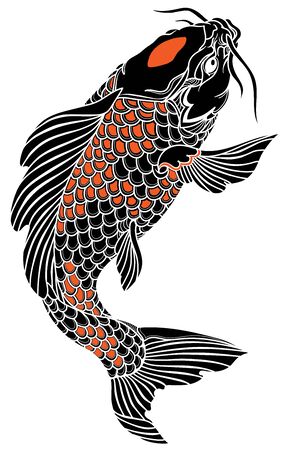black and red Japanese koi carp fish swimming up. Tattoo. Isolated vector illustrationのイラスト素材