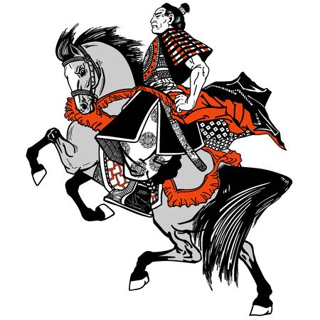 Asian cavalry warrior. Japanese Samurai horseman sitting on horseback, wearing medieval leather armor. Medieval East Asia soldier riding a pony horse in the gallop. Side view. Black grey and red vector illustration in graphic styleのイラスト素材