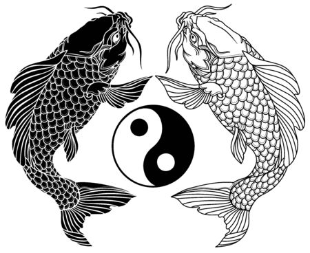 two koi carp fishes and the circle of yin yang symbol. Tattoo. Black and white vector illustrationのイラスト素材