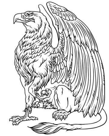 Griffin, griffon, or gryphon. A mythical beast having the body of a lion and the wings and head of an eagle. Sitting pose, side view. Black and white outline vector illustrationのイラスト素材