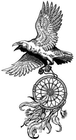 Raven carrying dream catcher. American native indians dreamcatcher. A crow in flight. Black and white tattoo style vector illustrationのイラスト素材