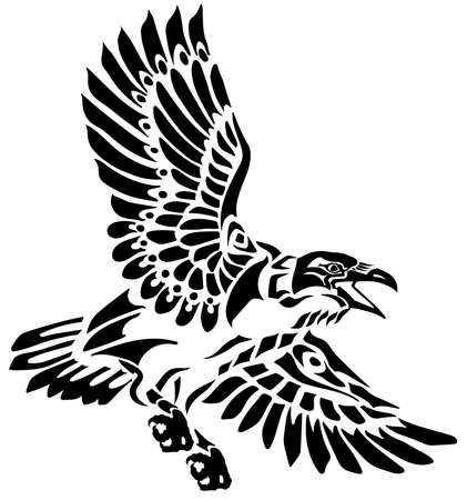 A raven in flight. Flying large bird. Hand drawn crow.  American native indians totem style vector illustration. Black and white tattooのイラスト素材