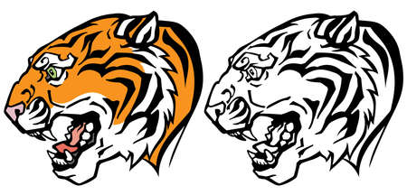 head of a roaring tiger. Angry big cat. Side view. Colour and Black White the tattoo style vector illustrationのイラスト素材
