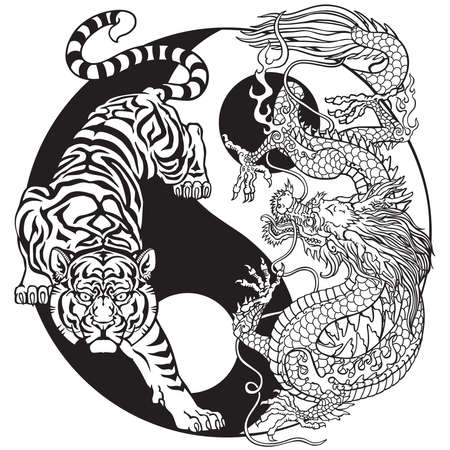 Tiger versus Chinese dragon energy in the yin yang symbol of harmony and balance. Black and white Tattoo. Graphic style vector illustrationのイラスト素材