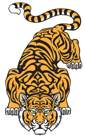 Tiger Ready to Jump. Big cat eyes looking straight. Isolated front view image. Tattoo style vector illustrationのイラスト素材