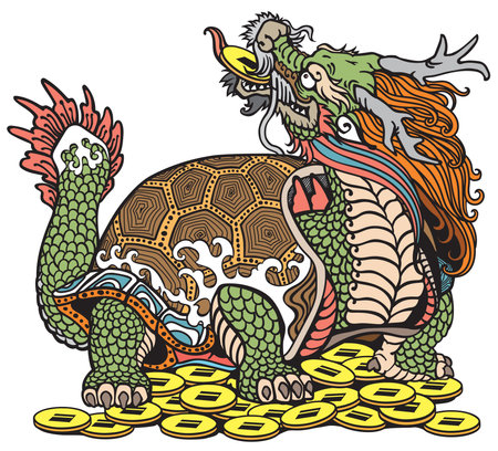 Dragon Turtle Tortoise sitting on a lot of coins. Mythological Chinese creature. Celestial Feng Shui animal. Isolated vector illustrationのイラスト素材