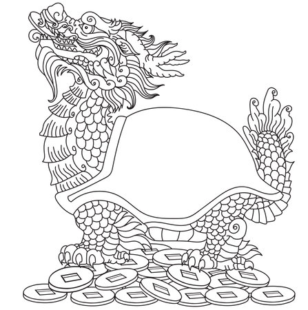 Dragon-headed Turtle or Tortoise sitting on a lot of coins. Mythological Chinese creature. Celestial Feng Shui animal. Side view. Black and white outline vector illustrationのイラスト素材