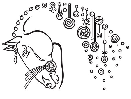 horse head side view. Black and white decor. Outline vector illustrationのイラスト素材