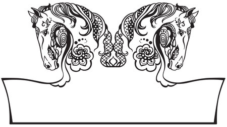 two horses heads in profile. Floral style. Banner, template, logo. Black and white vector illustrationのイラスト素材