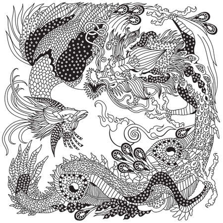 Jade Green Dragon and Gold Phoenix Feng Huang playing a pearl. Two celestial mythological creatures. Black and white vector illustration inspired by a Chinese Folklore Legend or Myth, Taleのイラスト素材