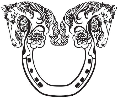 horseshoe and heads of two horses. Floral style decor, emblem, a symbol of luck and fortune. Black and white vector illustrationのイラスト素材