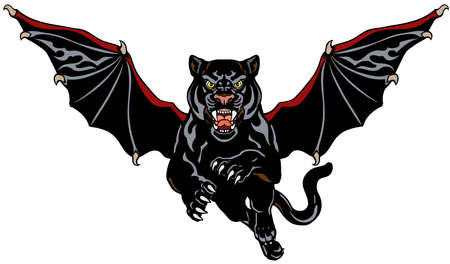 Panther with bat-like wings. Mythological winged big cat jump in the front view. Tattoo style isolated vector illustrationのイラスト素材