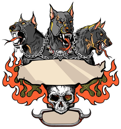 Cerberus hellhound a mythological three-headed dog the guard of the entrance to hell. Hound of Hades with chain on his neck. Design template with a human skull and fire flames.  Vector illustrationのイラスト素材