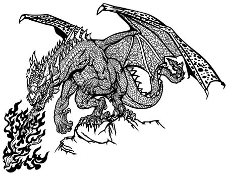 Western Dragon. Classic European mythological creature with bat-type wings standing on the rock and breathing fire. Graphic style isolated vector illustration. Black and whiteのイラスト素材