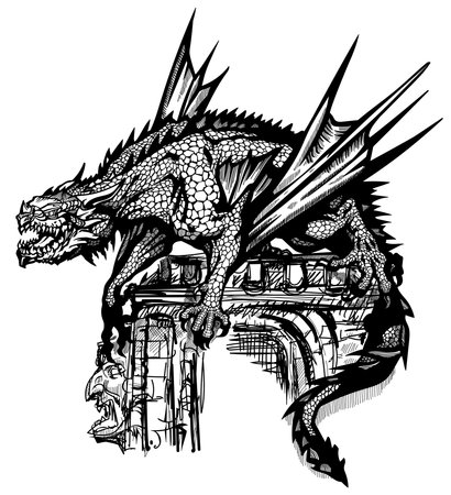 Medieval Dragon. West Europe mythological creature with bat-type wings. Graphic style isolated vector illustrationのイラスト素材